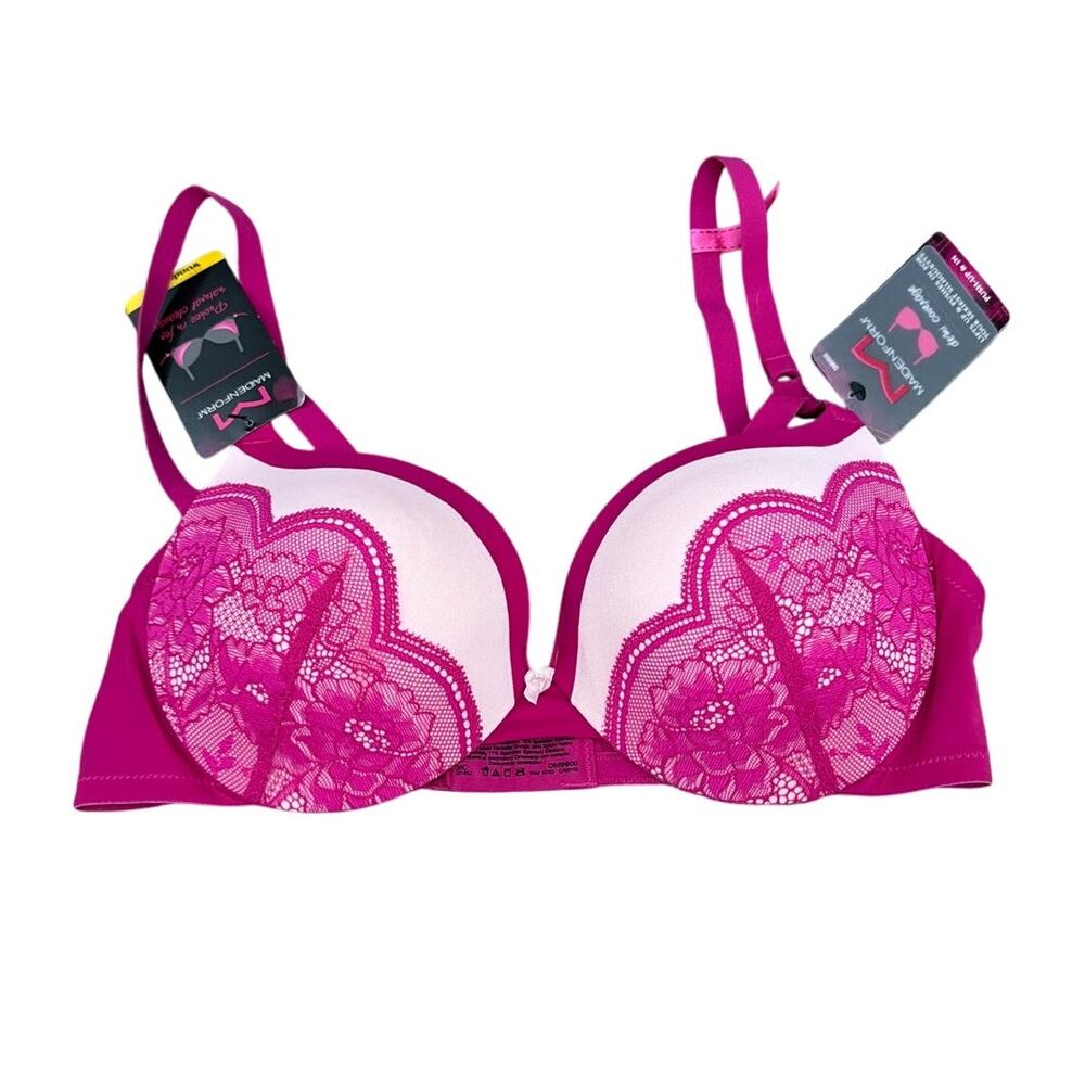 Maidenform Love the Lift Push-Up Bra vibrant pink white lace Size 36C New